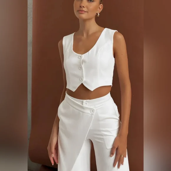 COMMENSE Solid Wet Asymetrical Straight Leg Pants Set Sz L NWT - Picture 3 of 13